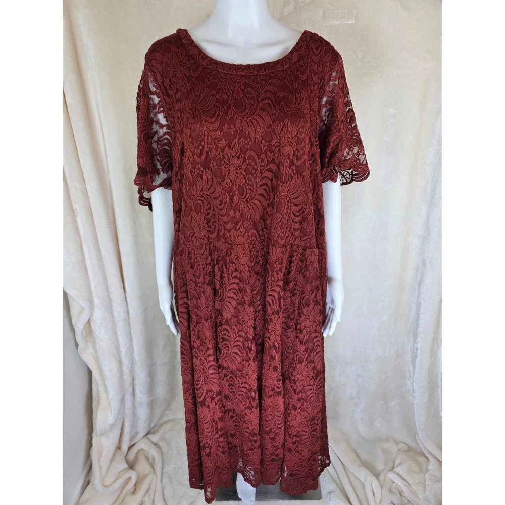 Torrid Rust Brown Floral Lace Drop Waist Midi Dress‎ Plus Size 6 6X Short Sleeve